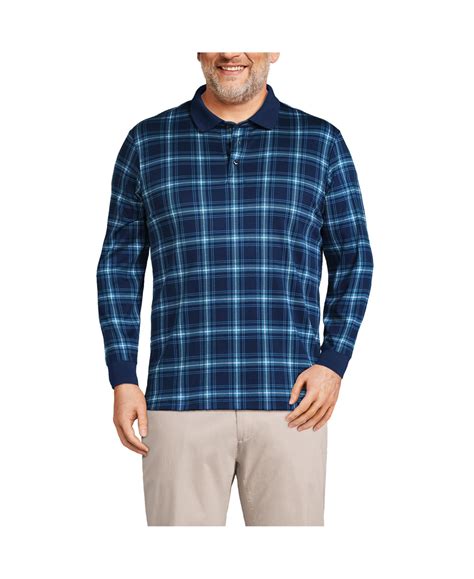 Lands End Mens Big And Tall Long Sleeve Supima Interlock Polo Shirt In Deep Sea Navy Plaid