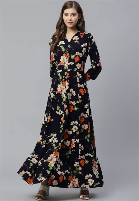 Printed Viscose Rayon Maxi Dress In Navy Blue Tkv99