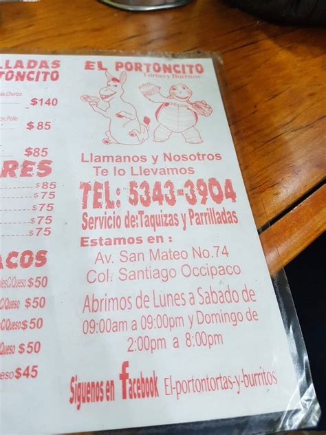 Carta Del Restaurante El Portoncito Naucalpan Del Juárez Misión Del Santiago 74