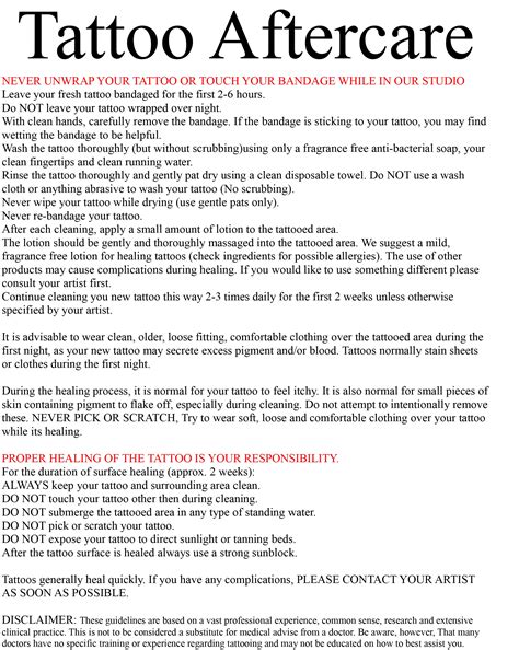 Printable Tattoo Aftercare Instructions