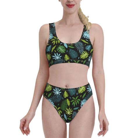 High Waisted Bikini Sets For Women Palm Leaves D 2 Piece Sporty Bathing Suit Swim Suits For