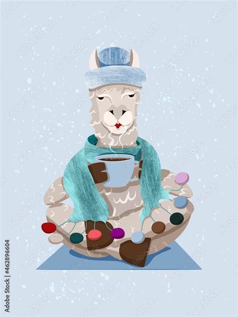 Vector character of lama in joga poses with cup of drink. Winter design for card, poster ...