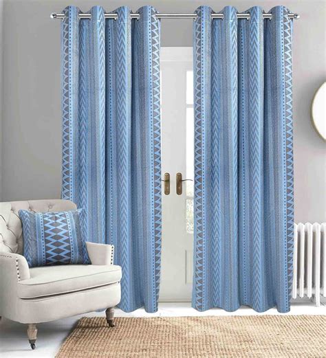 Buy Blue Polyester Geometric Ft Blackout Eyelet Door Curtain At