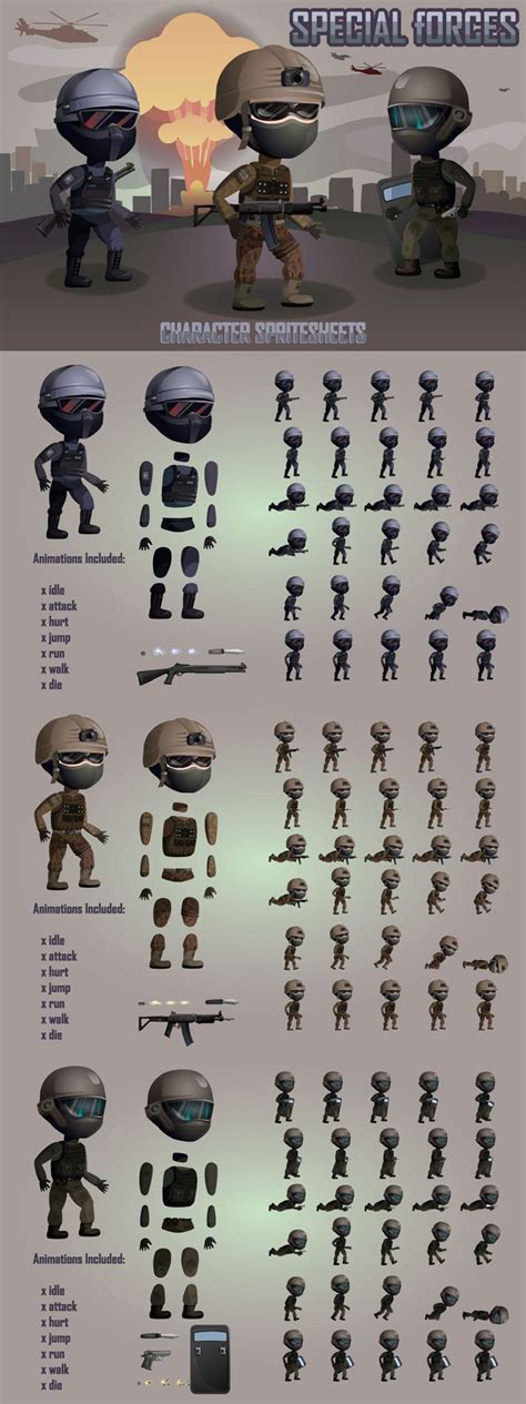 Here Is A Set Of 2d Game Special Force Character Sprite Sheets It Includes Three Soldiers With