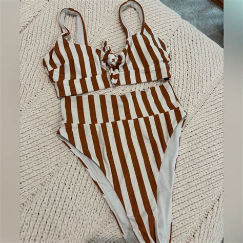 Aerie Swim Aerie Striped Brown And White High Waisted Bikini Set