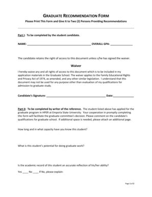 Fillable Online Emporia GRADUATE RECOMMENDATION FORM Emporia State