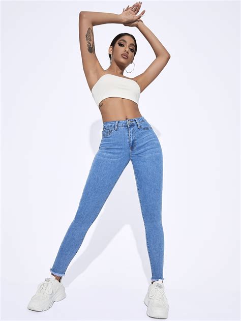 High Waist Raw Cut Skinny Jeans Shein Uk