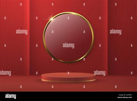 3d Realistic Podium Or Pedestal On Red Luxury Background Product