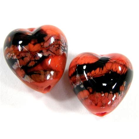 Handmade Lampwork Glass Heart Beads Coral Orange With Black Webs