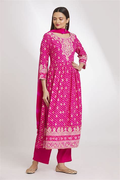 Buy Pink Kurta German Rayon Embroidery Sequin Round Leheriya Pant Set