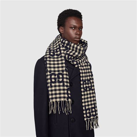 Gg Jacquard Wool Scarf In Dark Blue And Ivory Gucci® Us