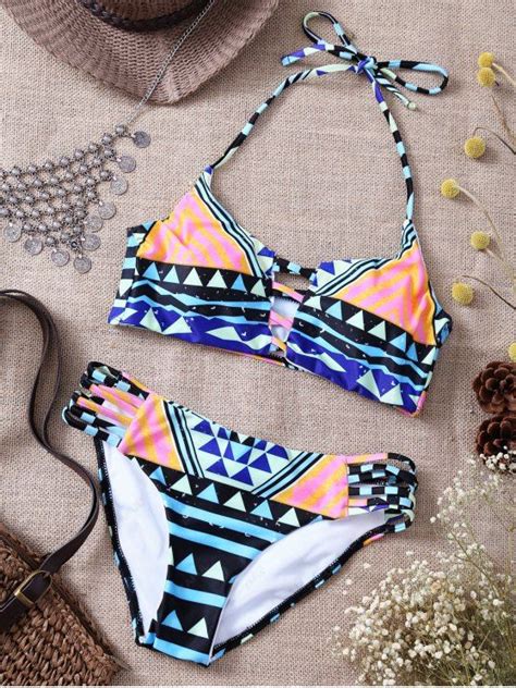 Off Geometric Print Halter Criss Cross Bikini Set In