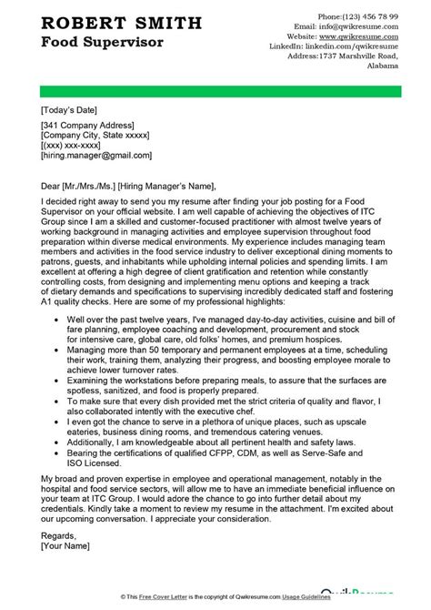 Food Supervisor Cover Letter Examples Qwikresume