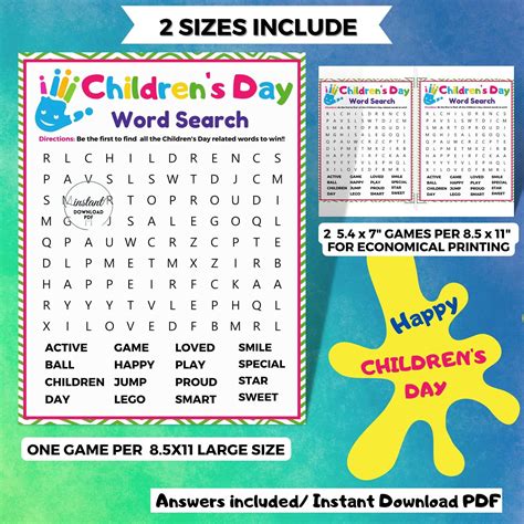 Children's Day Word Search, Party Games for Kids, Printable Word Search ...