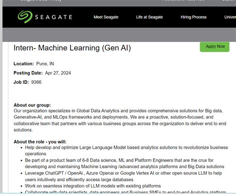 Seagate Hiring Intern Machine Learning Gen AI B E B Tech M E M