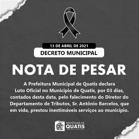 Nota De Pesar Decreto De Luto Por 3 Dias Prefeitura Municipal De Quatis