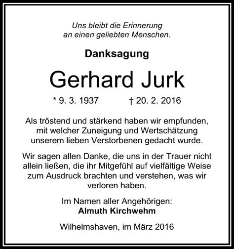 Traueranzeigen Von Gerhard Jurk Nordwest Trauer De