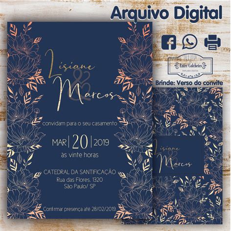 Convite De Casamento Floral Azul X Arte Digital No Elo Entre