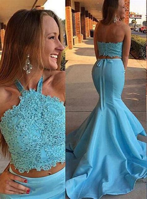 Halter Two Piece Beaded Lace Prom Dress 2 Pieces Mermaid Evening Dress