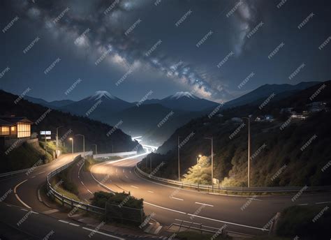 Premium Photo | A highway with a mountain in the background at night ...