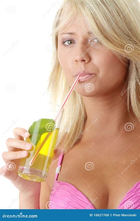 Woman In Pink Bikini With Cold Drink Stock Photo Image Of Happiness