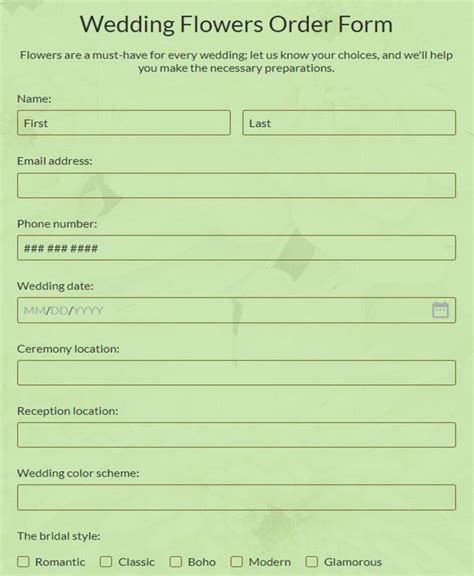 Free Wedding Flowers Order Form Template Formbuilder