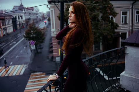 Wallpaper Portrait Redhead Tight Dress Balcony Depth Of Field