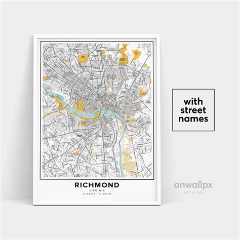 Richmond Map Print, Street Names Richmond Print, Printable Map of Richmond, City Map Art ...