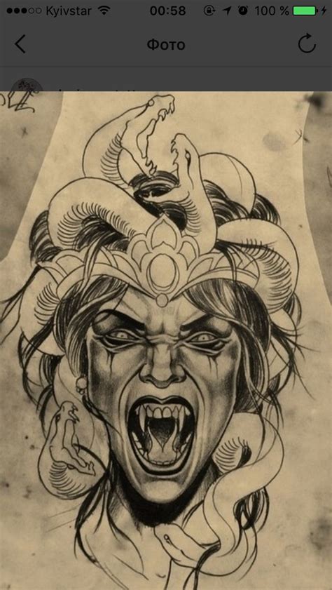 A Drawing Of A Woman With An Evil Face And Snake On Her Head In Black Ink