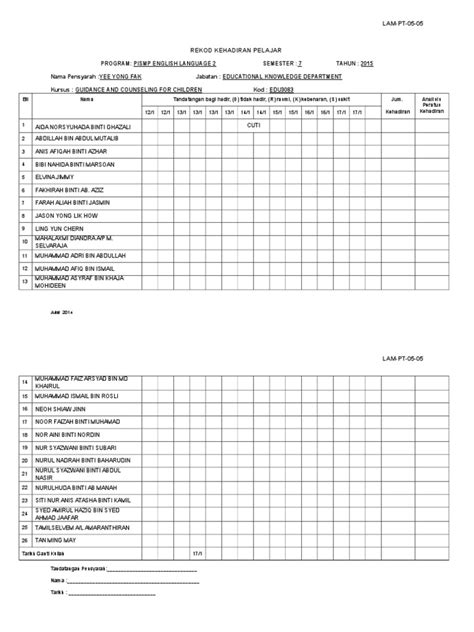 Lam Pt 05 05 Rekod Kehadiran Pelajar Tesl2 Pismp Jan Mei 2015 Pdf