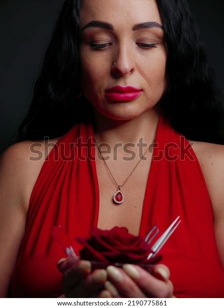 Brunette Red Lipstick On Her Lips Stock Photo Shutterstock