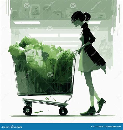 A Young Woman With A Grocery Cart Chooses Food In A Grocery Store. AI