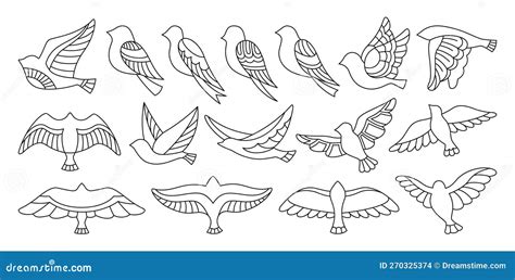 Bird Abstract Graphic Ornament Doodle Set Flat Line Modern Trendy