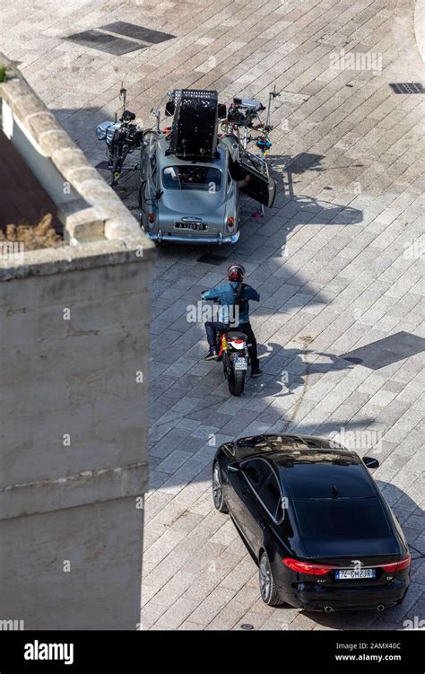 Matera, Italy - September 15, 2019: Bond 25, Aston Martin DB5 while filming chase scenes through ...