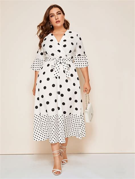 Plus Polka Dot Surplice Front Belted Dress Belted Dress Plus Size