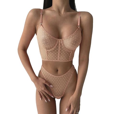 Underwire Cute Push Up Strappy Embroidered Mesh Sheer Lingerie Set See