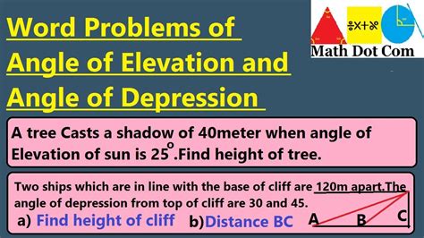 Angle Of Elevation And Angle Of Depression Word Problems Math Dot Com Youtube