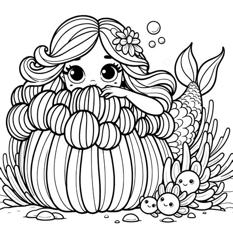Mermaid hides behind underwater plant: Simple coloring picture (Free)