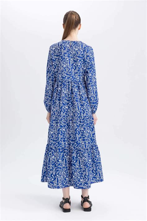 Blue Woman Crew Neck Printed Poplin Long Sleeve Dress Defacto