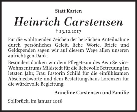 Traueranzeigen Von Heinrich Carstensen Sh Z Trauer