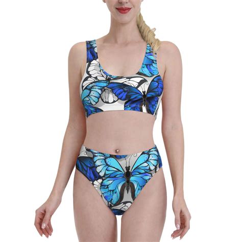 Balery Blue And White Butterflies Women Bikini Swimsuit Tankini Set 2