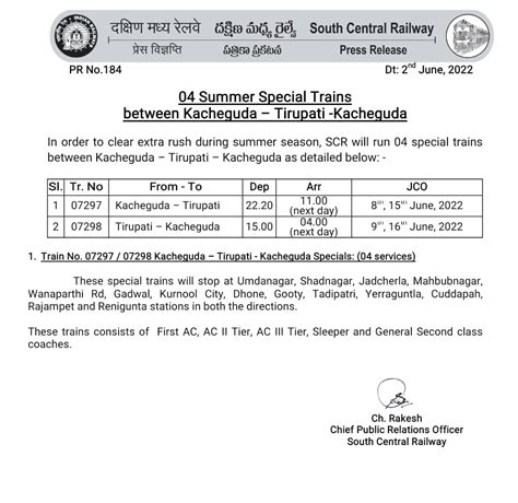 South Central Railway On Twitter 04 Summer Special Trains Between