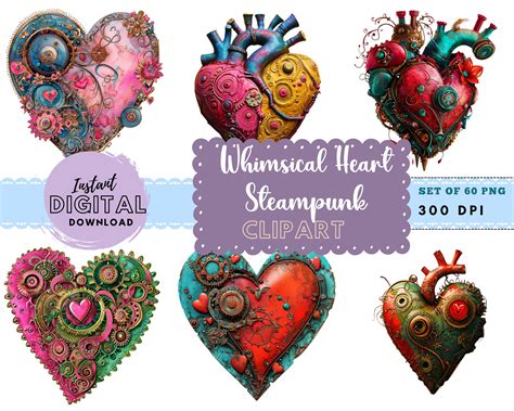 Whimsical Heart Clipart PNG Heart Clipart Bundle Steampunk Heart ...