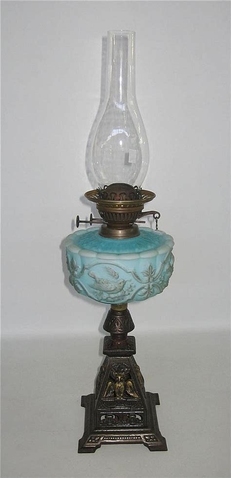 A Victorian Spirit Lamp Cast Iron Base With Owl Design Blue Lamps