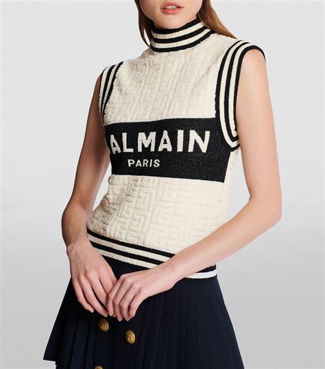 Womens Balmain Neutrals Virgin Wool Blend Monogram Knit Top Harrods UK