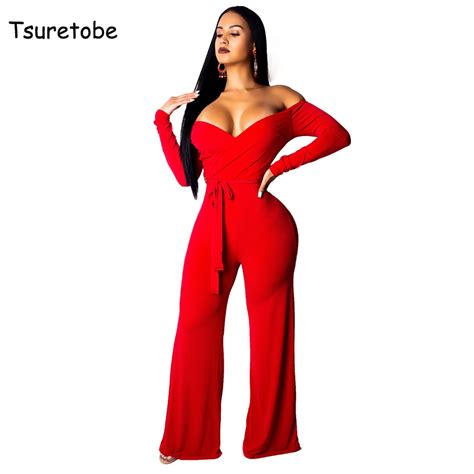 Tsuretobe Summer Fashion Wide Leg Jumpsuit Women Off Shoulder Sexy