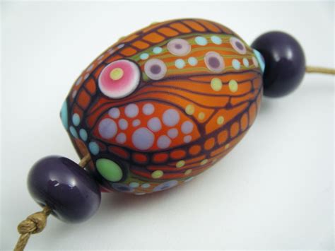 Moogin Beads Orange Etched Oval Focal Bead Set Lampwork Glass SRA