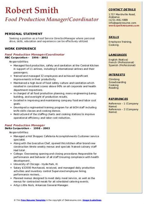 Food Production Manager Resume Samples Qwikresume