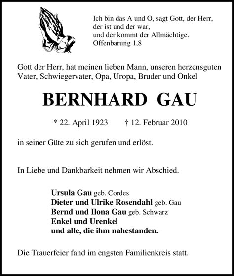 Traueranzeigen Von BERNHARD GAU Trauer In NRW De