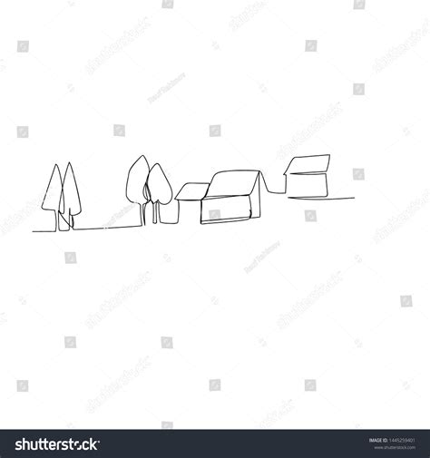 Continuous Line Drawing Landscape Village On Stock Vector Royalty Free